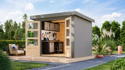 Produktbild von Karibu Gartenhaus Hybridhaus Metall Jupiter 3 wassergrau 238,5x213,5x209 cm
