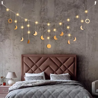Mondphasen-Girlande, 144 cm, 13 goldene Monde, LED-Lichterkette, Boho-Deko