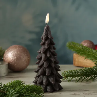 Produktbild von LED Kerze Tannenbaum - Echtwachs - 3D Flamme - H: 19cm - Timer - grau