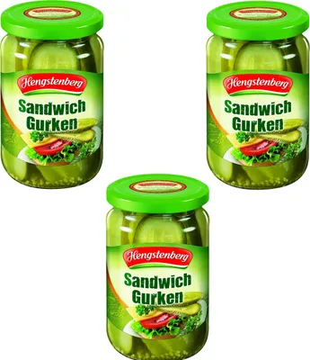 Image de Cornichon sandwich Hengstenberg Juteux et épicé en bocal 370g 3er Pack