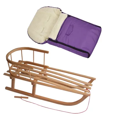Produktbild von BAMBINIWELT HOLZSCHLITTEN mit Rückenlehne (90cm) + WINTERFUßSACK (90cm) Kinderwagen WOLLE lila