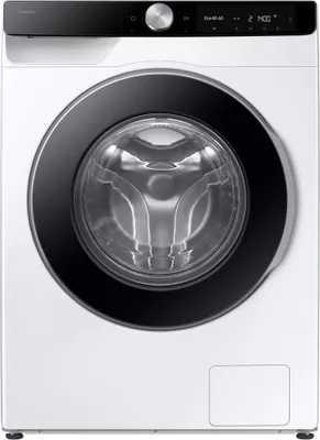 A front-on studio shot of a white Samsung washing machine.