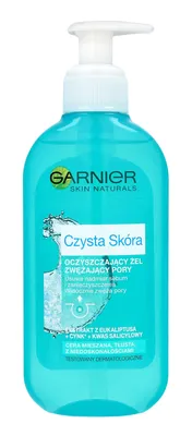 A bottle of Garnier Pure Skin Cleansing Gel with a pump dispenser, set against a white background.