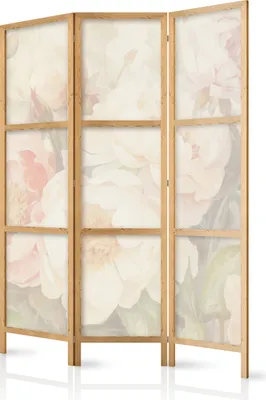 A three-panel room divider with a floral pattern.
