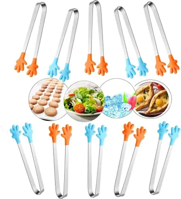 Produktbild von 10 Stück Silikon Edelstahl Eiszange, Küche Silikon Zange, Multifunktionale Essen Zange, Handform Zange Beste Küchenhelfer für BBQ, Süßes, Eiswürfel, Salat, EIS (Blau + Orange