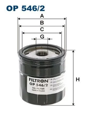 A technical drawing and a product image of an oil filter with dimensions indicated.