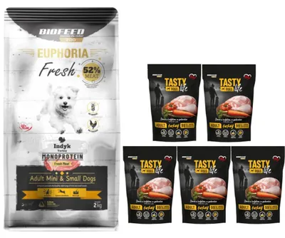 Zdjęcie produktu dla Biofeed Euphoria Fresh 2kg Sucha Monoproteinowa Karma Dla Psów Miniaturowych I Małych Ras Z Indykiem + GRATIS 5x150g Mokra Karma z Indykiem