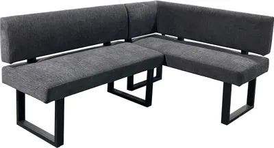 A dark gray corner bench with black metal legs against a white background.