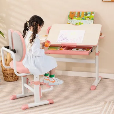 Produktbild von Kinderschreibtisch 51-73cm Höhenverstellbar Schülerschreibtisch mit neigbarer Tischplatte (Rosa Tisch)
