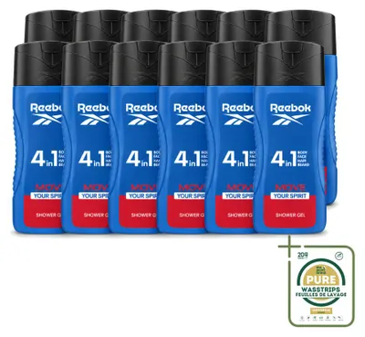 Obrázok produktu pre 12 kusov gélu na sprchovanie Reebok Move Your Spirit 4-v-1 – 400 ml – balenie