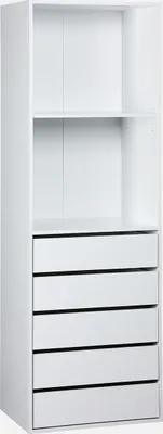 A white modular wardrobe set with two open shelves and four drawers.