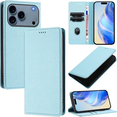 Image de Étui en cuir pour iPhone 17 Pro, Litschi cuir, étui portefeuille avec fentes pour cartes et support bleu clair
