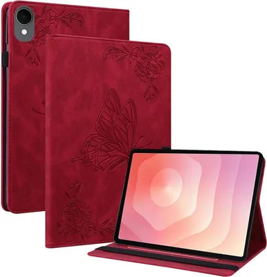 Produktbild von Für Samsung Galaxy Tab S11 Schmetterling Muster Kunstleder Hülle Tasche Rot