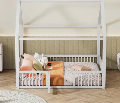 Obrázek produktu pro MODFU dětská postel 140x200cm s dvířky postel z masivu domeček postel rovná manželská postel s lamelovým roštem, bílá (bez matrace)