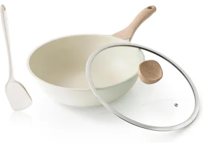Image de Wok de 30 cm, compatible avec les plaques à induction, avec couvercle, revêtement antiadhésif sans PFOA, couleur crème