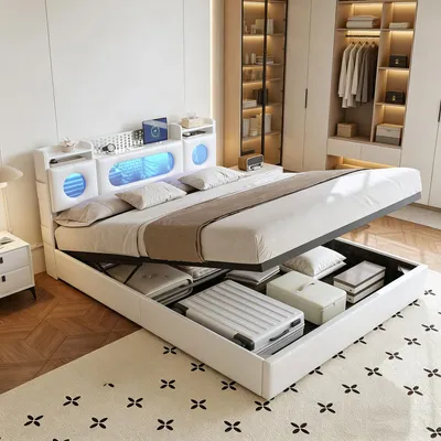 Produktbild von INONEFT Boxspringbett Polsterbett 160x200,Doppelbett mit LED und USB-C, Hydraulik Bett mit Stauraum und Kopfteil,Stauraumbett mit Lattenrost,PU,Weiß