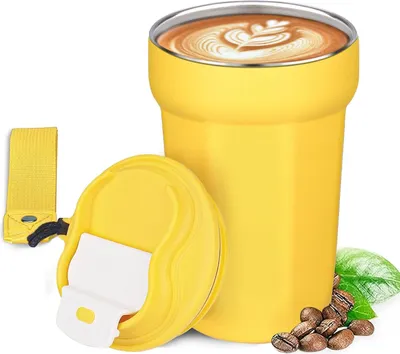 Produktbild von Coffee Mug to Go, Thermal Mug, Coffee to Go Mug, Leak-Proof Coffee Mug with Lid and Carry Strap, Travel Mug, Thermal Mug for Coffee Tea On the Go, Yellow, 450 ml