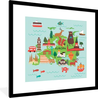 Produktbild von MuchoWow® MuchoWow® Gerahmtes Poster Weltkarte Kinder - Grün - Europa 40x40 cm - Poster mit zchwarzem Bilderrahmen - Poster - Plakat im Rahmen