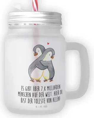 Produktbild von Mr. & Mrs. Panda Glas Pinguine Kuscheln - Transparent - Geschenk, Becher mit Deckel, Henkel, für Partner, Cocktailglas, Mason Jar, Valentinstag, Liebesbeweis, Freundin
