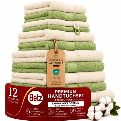 Produktbild von Betz Premium Handtuch-Set 12-teilig – 100% Baumwolle – ® – 470 g/m² – Duschtücher, Handtücher, Gästetücher,WH -sand / avocadogrün