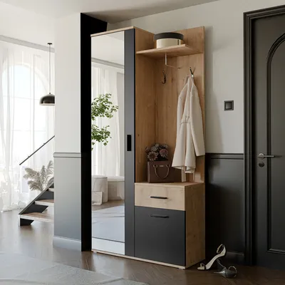 A modern hallway with a wardrobe unit featuring a mirror, coat hooks, and storage drawers.
