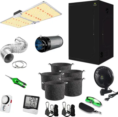 Produktbild von Canna4Home GrowBox Komplettset 100 x 100 x 200 cm schwarz Anbau Set Gewächshaus mit dimmbarer LED Vollspektrum Grow-Lampe, mit Abluftset, Pflanztöpfe