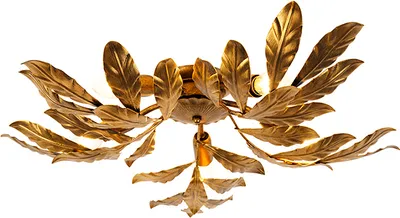 A close-up, studio shot of a gold-colored, leaf-shaped ceiling light fixture against a white background.