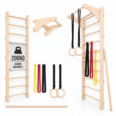 Image de MAMOI Espalier fitness avec barre de traction, anneaux Ringo, bandes de résistance et bâton d’étirement pour entraînement complet