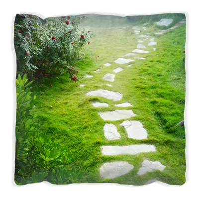 Produktbild von Wallario Premium Kissen, weiche Oberfläche, mit Motiv Steinweg im Grünen, Größe: 40 x 40 cm, mit weißer Rückseite