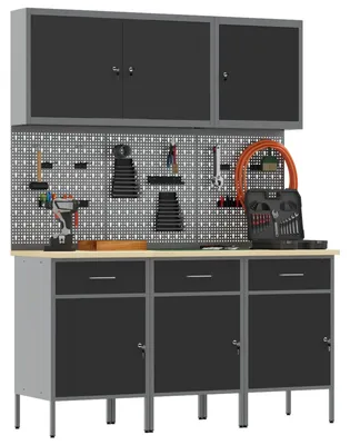 Productafbeelding van vidaXL Werkbank met laden, 8 stuks, zwart, voor ingenieurs, van hout en staal