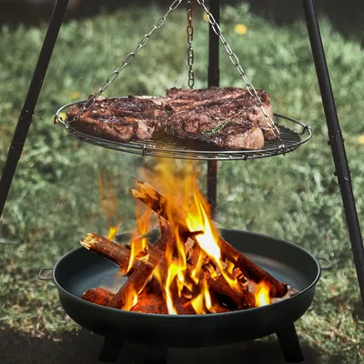 Produktbild von Fiqops Feuerschale 80 cm BBQ Gelötet Öfen Grills Einstellbare Heizlüfter Kamin Beine