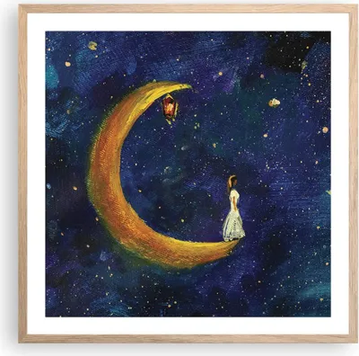Produktbild von Gerahmtes Poster - Rahmen in heller Eiche - Mädchen auf der Mond - 60x60 cm - Wand Bild - Wanddeko - Wandbilder - Kunstposter - Wandposter - Bilderrahmen - Bilder - Kunstdruck - P2NAC60x60-4575