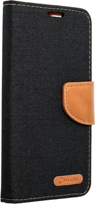 A black flip-style phone case with a brown accent.