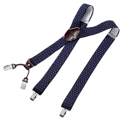 Produktbild von DonDon Herren Hosenträger 3,5 cm breit 4 Clips mit braunem Leder in Y-Form elastisch und längenverstellbar - Rauten blau weiß
