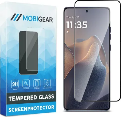 Product packaging and a smartphone with a screen protector applied.
