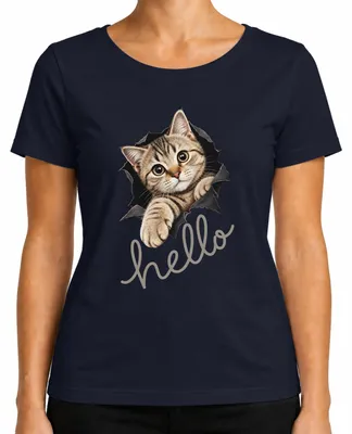 Imagen del producto de Camiseta para mujer con estampado "Hola, gatito lindo", diseño sarcástico, color azul marino, talla S