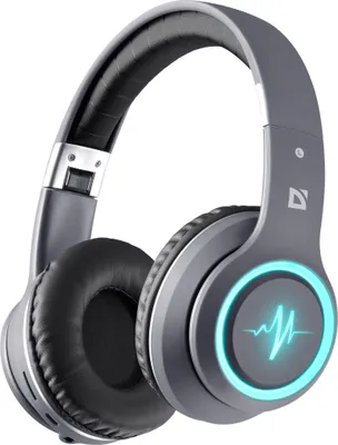 A close-up studio shot of a pair of gray over-ear headphones with glowing blue accents.