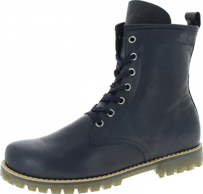 A single blue lace-up boot is shown against a white background.