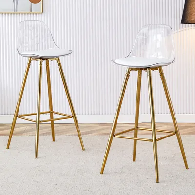Produktbild von 2er-Set Barhocker, transparente Rückenlehne, goldene Metallbeine, 96 cm, für Café