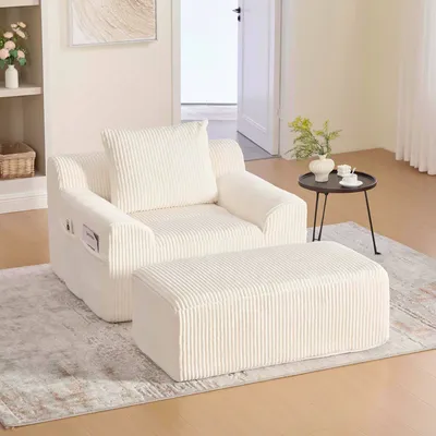 Immagine prodotto di LVHOM Divano singolo con pouf, Poltrona relax con sgabello, Divano pigro senza montaggio, Poltrona lounge in tessuto a coste, Beanbag, Beige
