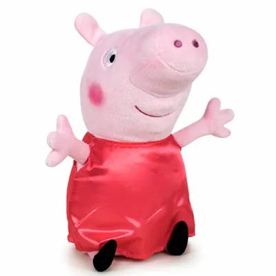 A plush toy of Peppa Pig sitting down and wearing a red dress.
