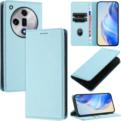 Produktbild von Litchi Leder Handyhülle für Oppo Find X7 Wallet Kartenfächer Standfunktion Hülle Hellblau