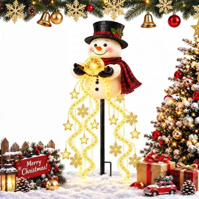 Produktbild von Weihnachts Schneemann Gartenstecker, solarbetrieben, warmweiße LED, Leuchtkugel, Schneeflocken & Sterne, Weihnachtsdeko für Garten, Beet, Terrasse