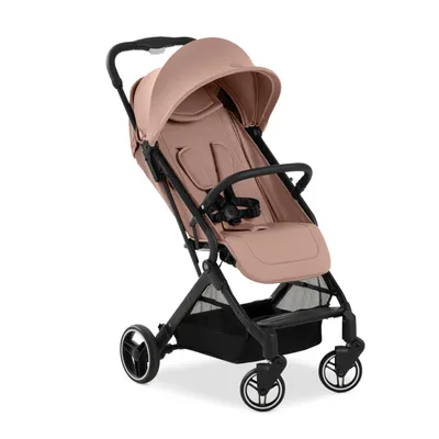 A pink and black stroller is shown against a white background.