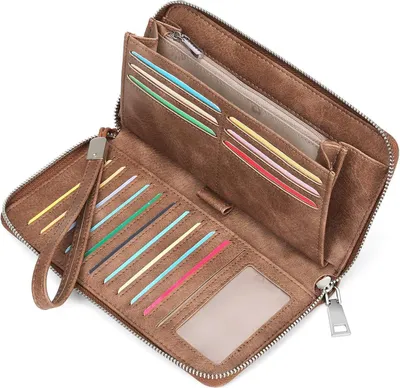 Image de Porte-monnaie en cuir pour femme Blocage RFID Grande capacité, style rétro Marron