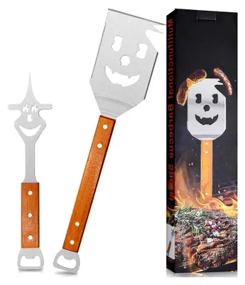 Produktbild von 7-in-1 Multifunktionales Grillbesteck Set, 2 Stück Edelstahl Grillspatel mit Holzgriff, Grillwender und Grillgabel für BBQ