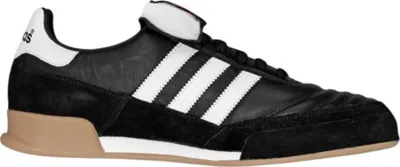 A side view of a black Adidas sneaker with white stripes.