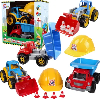 Produktbild von Set Mit 2 Baufahrzeugen, Bagger, Muldenkipper, Bauhelm-Kegeln 3985