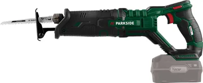 A cordless reciprocating saw with a battery pack attached, shown against a white background.