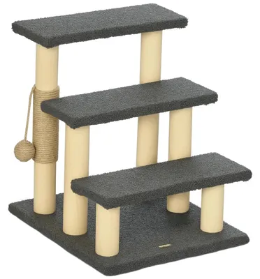 Image de Escalier pour chat - Arbre à chat - 3 marches - 48 cm de haut - Colonne en sisal avec balle - En bois - Pour chats et petits chiens
